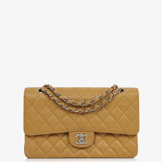 Chanel Medium Classic Vintage Doppelklapp-Tasche Beige Steppiertes Kaviarleder Mit Silberfarbener Hardware