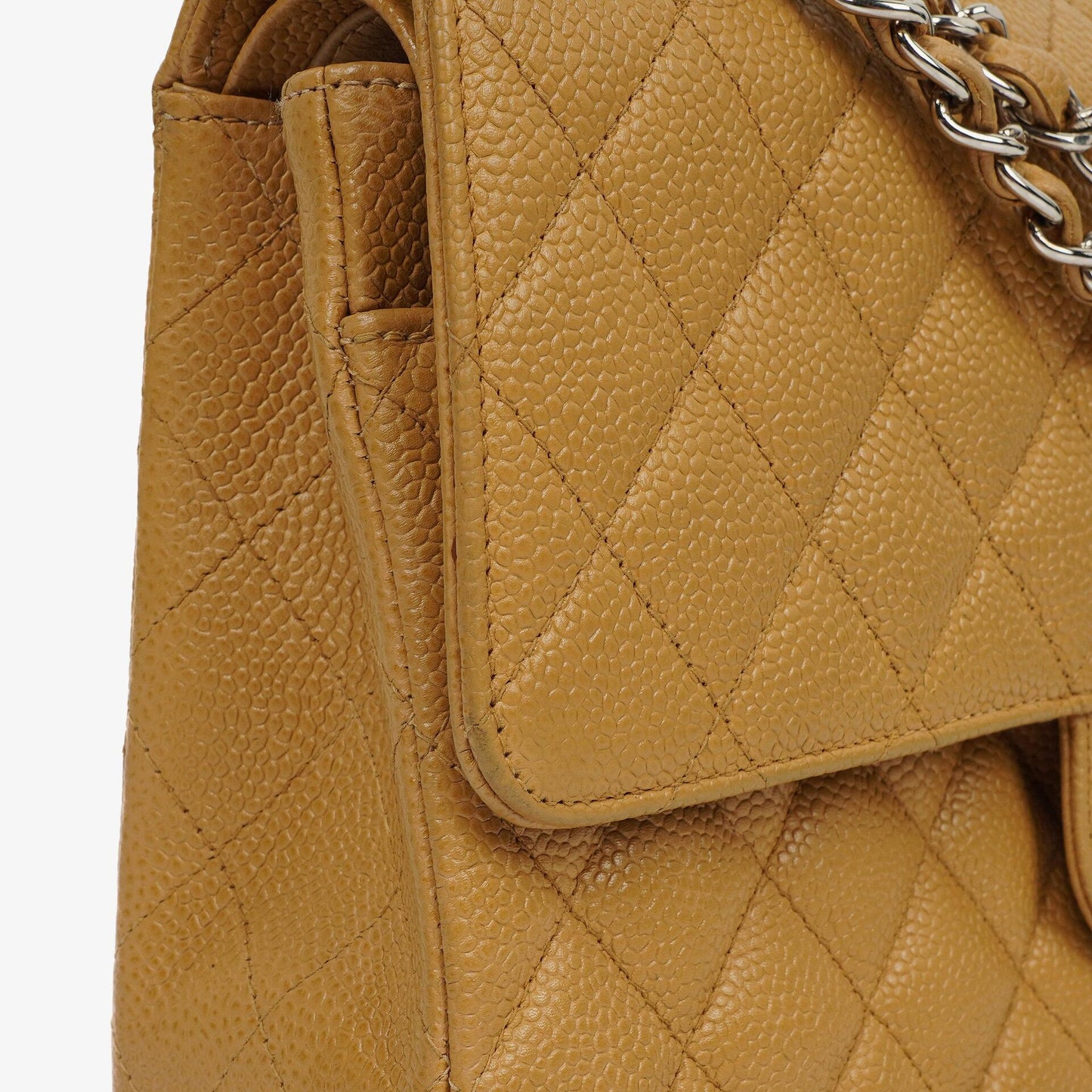 Chanel Medium Classic Vintage Doppelklapp-Tasche Beige Steppiertes Kaviarleder Mit Silberfarbener Hardware