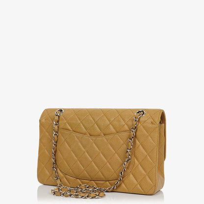 Chanel Medium Classic Vintage Doppelklapp-Tasche Beige Steppiertes Kaviarleder Mit Silberfarbener Hardware