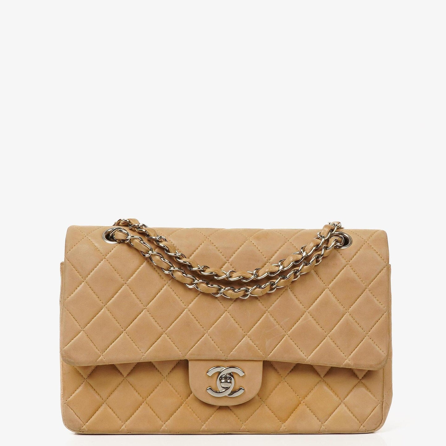 Chanel Mittelgroße Klassische Vintage Doppelklappe Tasche Beige Stepp-Lammleder mit silberfarbenen Beschlägen
