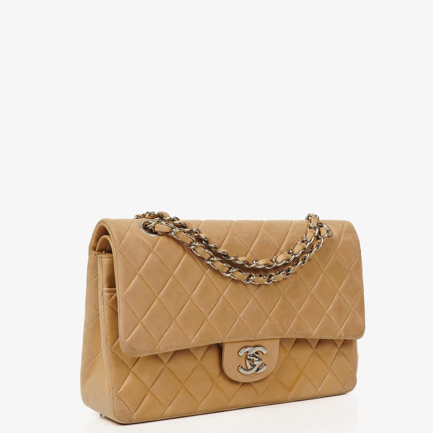 Chanel Mittelgroße Klassische Vintage Doppelklappe Tasche Beige Stepp-Lammleder mit silberfarbenen Beschlägen