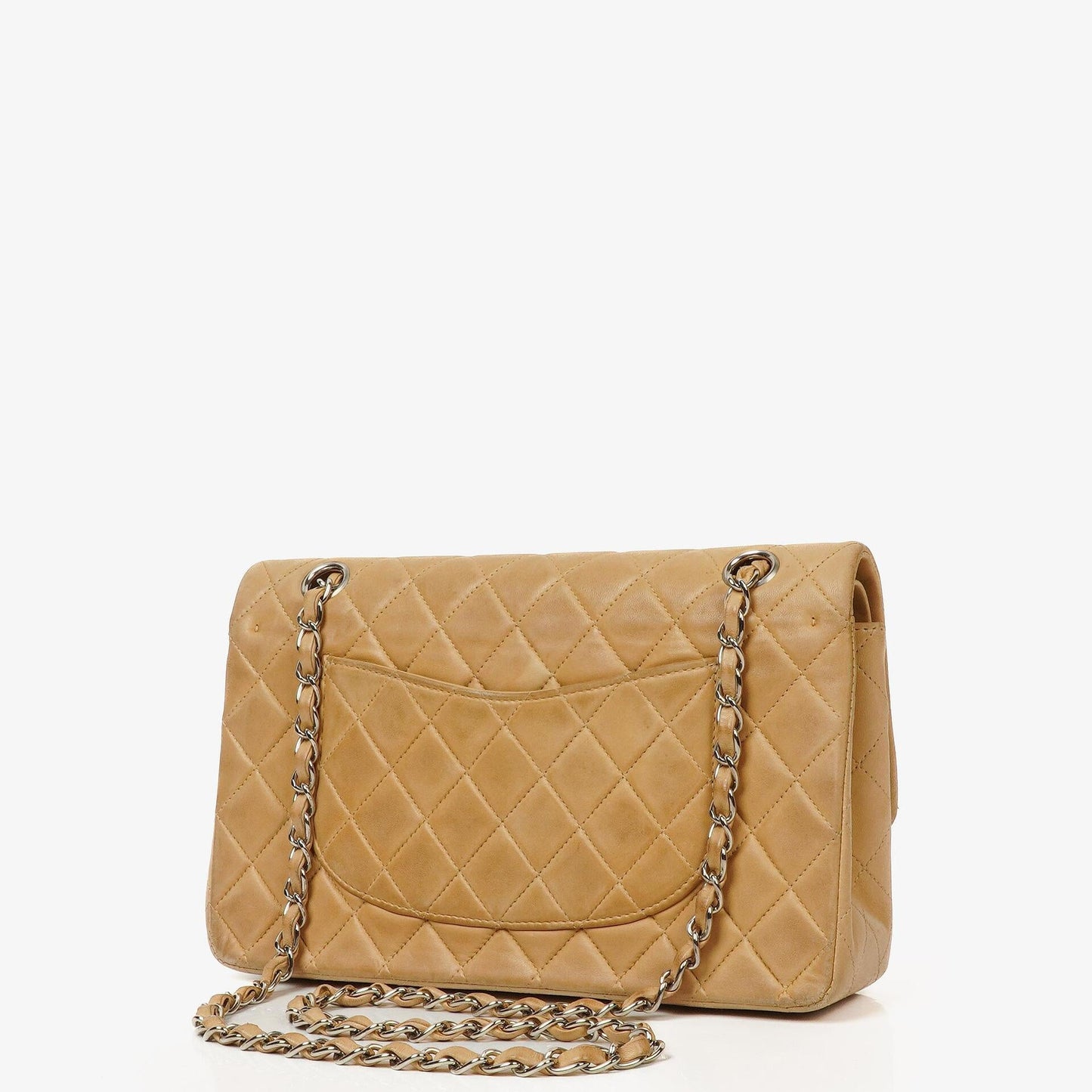Chanel Mittelgroße Klassische Vintage Doppelklappe Tasche Beige Stepp-Lammleder mit silberfarbenen Beschlägen