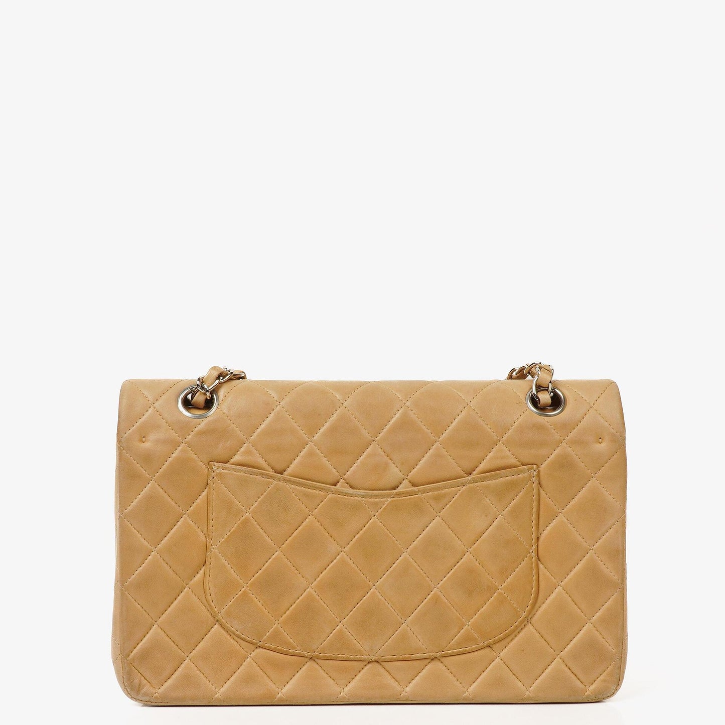 Chanel Mittelgroße Klassische Vintage Doppelklappe Tasche Beige Stepp-Lammleder mit silberfarbenen Beschlägen