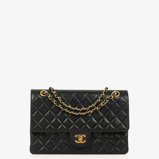 Chanel Medium Classic Vintage Double Flap Tasche aus schwarzem gestepptem Lammleder mit 24K vergoldeten Beschlägen