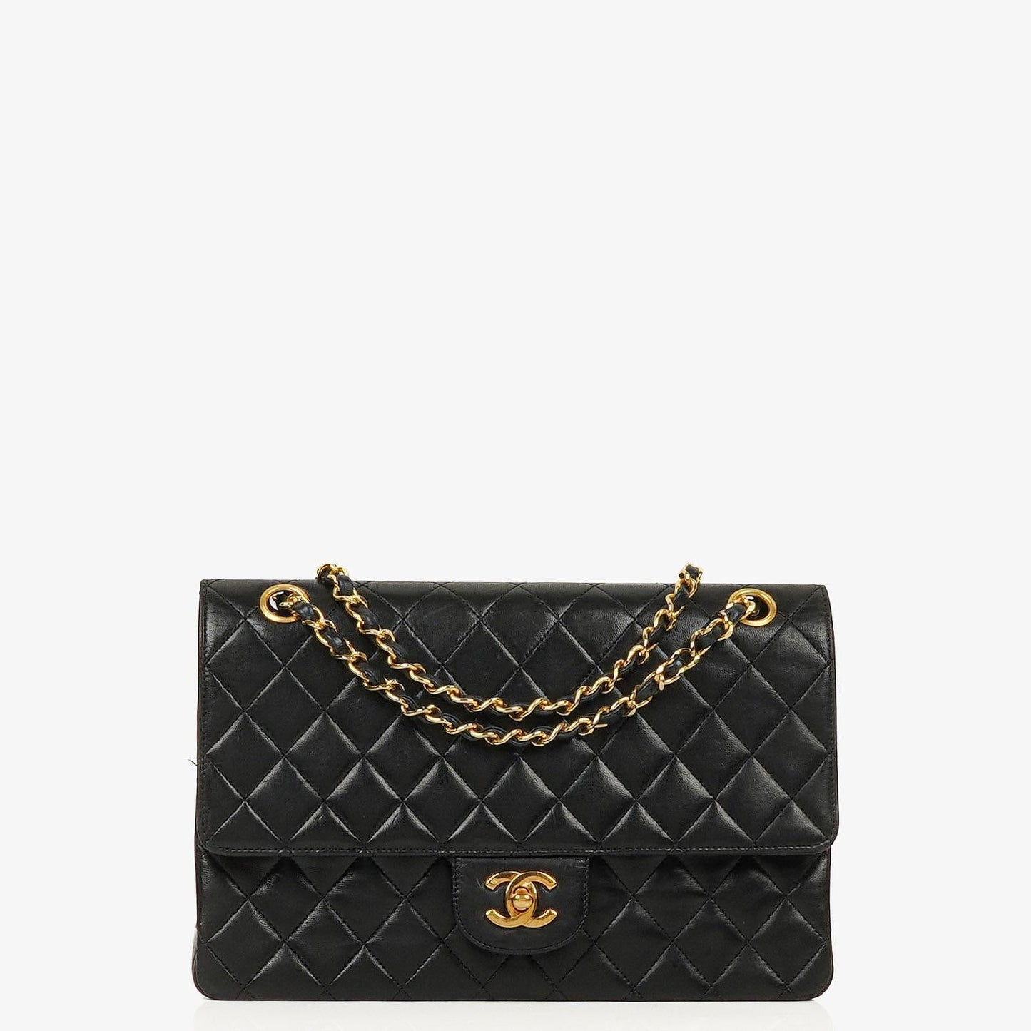Chanel Medium Classic Vintage Double Flap Tasche aus schwarzem gestepptem Lammleder mit 24K vergoldeten Beschlägen