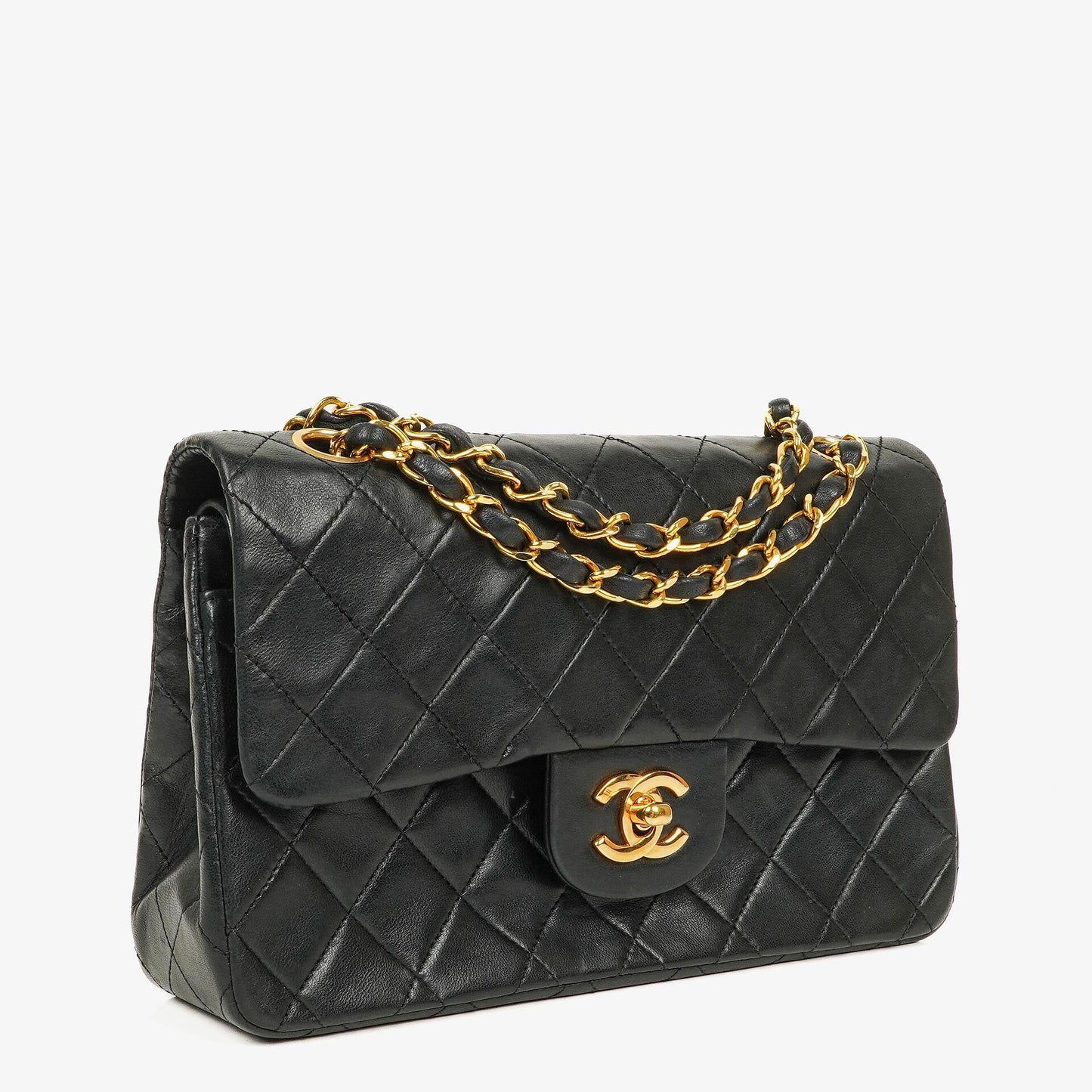 CHANEL Kleine Classic Vintage Double Flap Tasche aus schwarzem gestepptem Lammleder mit 24K vergoldeter Hardware