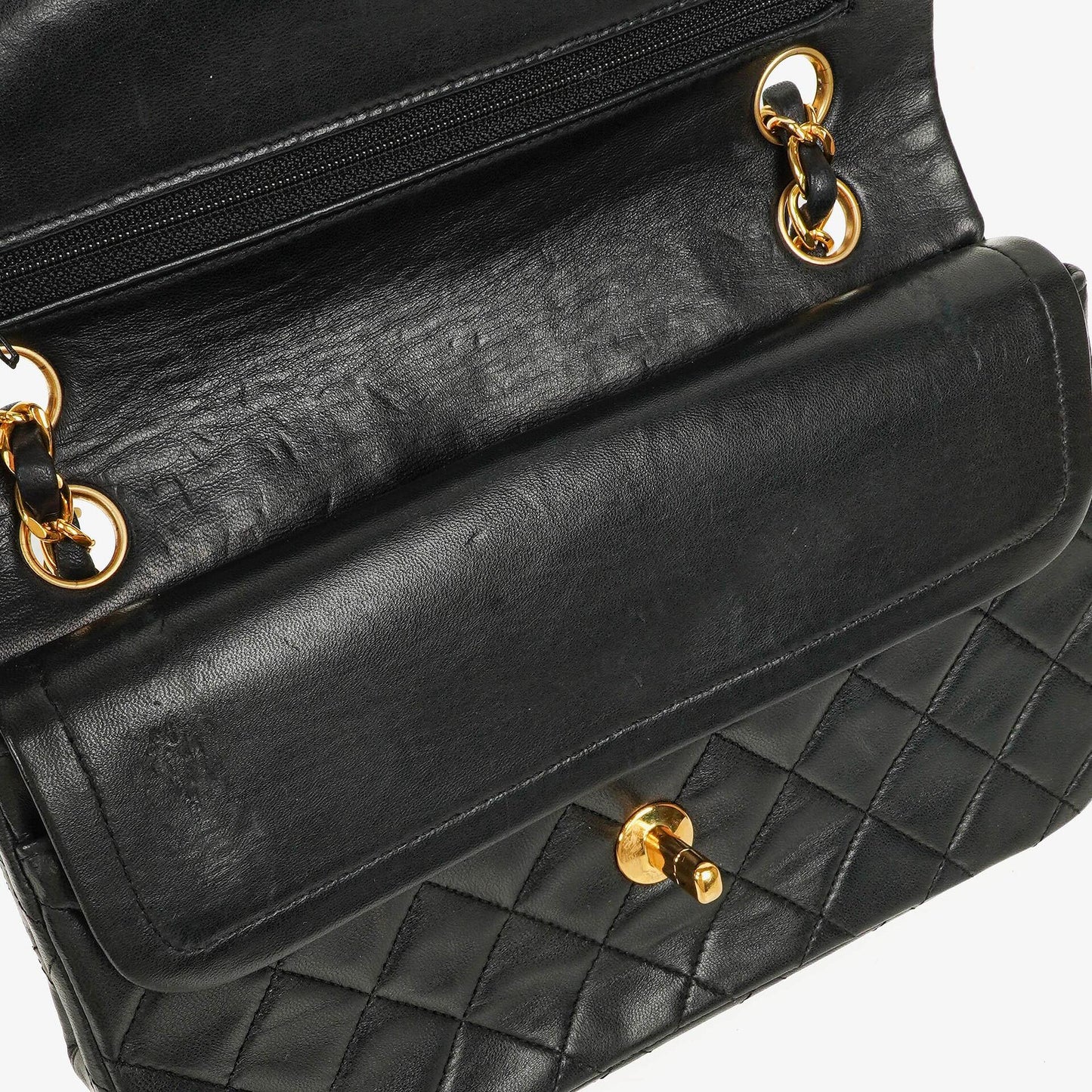 CHANEL Kleine Classic Vintage Double Flap Tasche aus schwarzem gestepptem Lammleder mit 24K vergoldeter Hardware