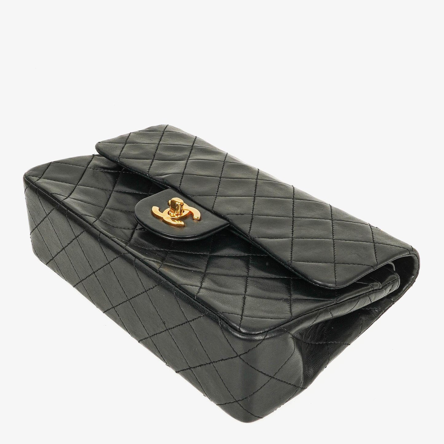 CHANEL Kleine Classic Vintage Double Flap Tasche aus schwarzem gestepptem Lammleder mit 24K vergoldeter Hardware