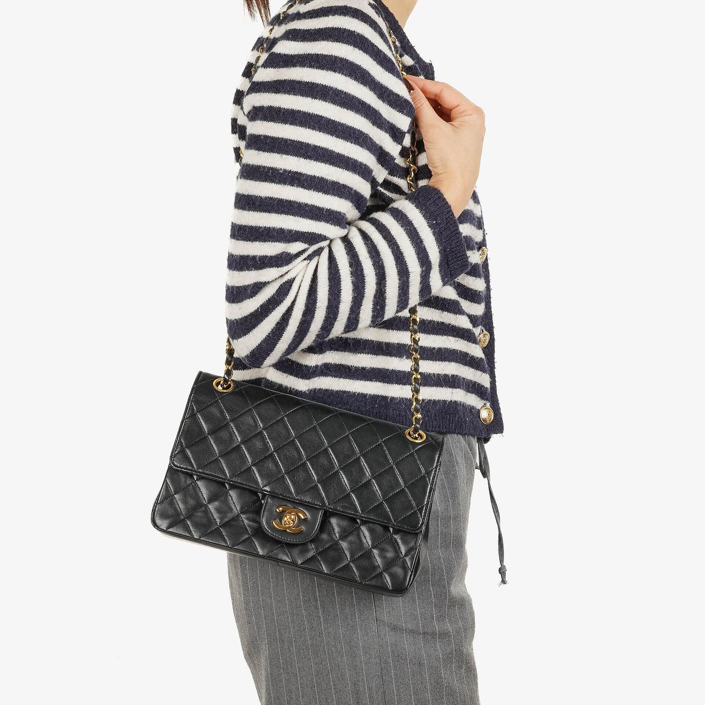 Chanel Medium Classic Vintage Double Flap Bag aus schwarzem gestepptem Lammleder mit 24K vergoldeten Beschlägen