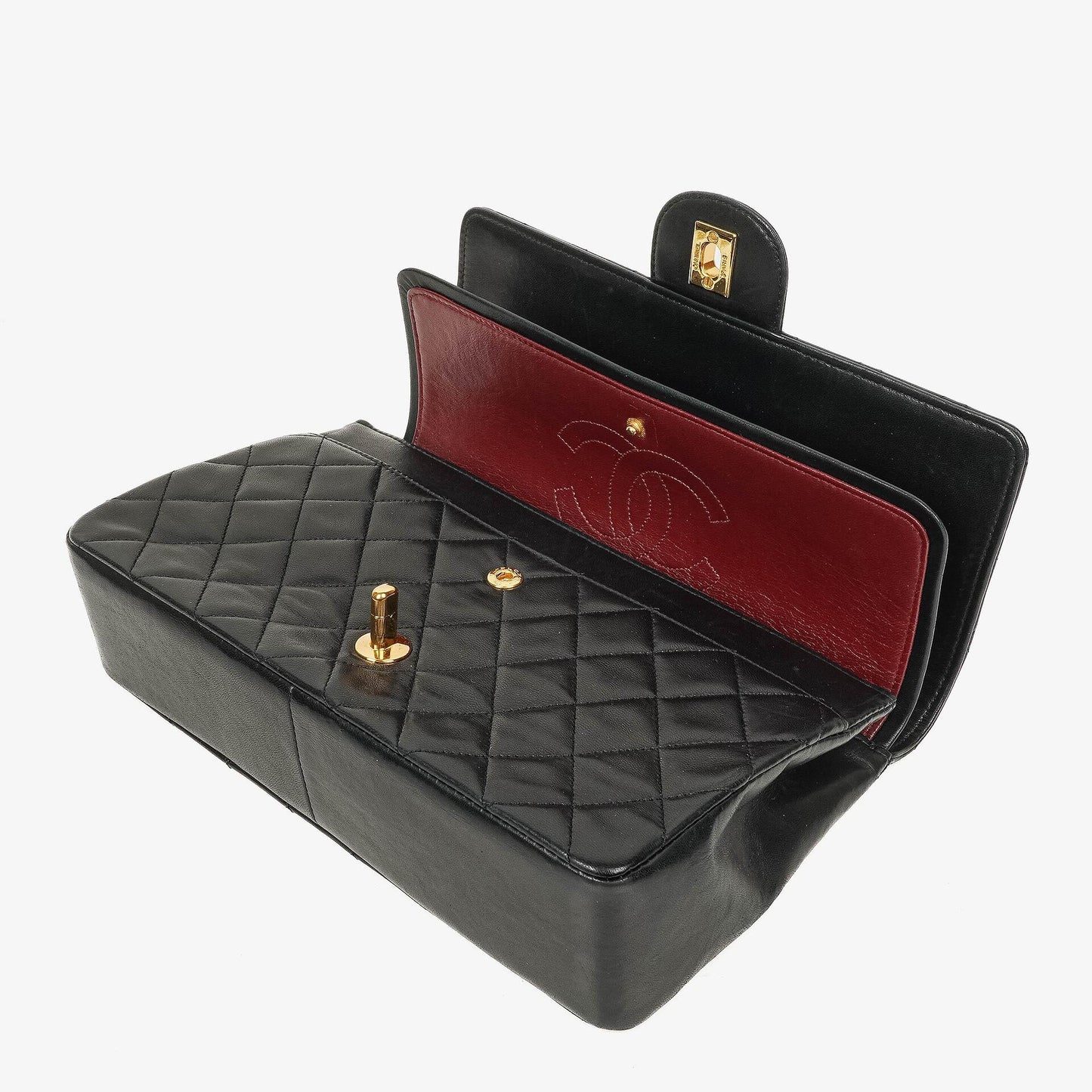 Chanel Medium Classic Vintage Double Flap Bag aus schwarzem gestepptem Lammleder mit 24K vergoldeten Beschlägen