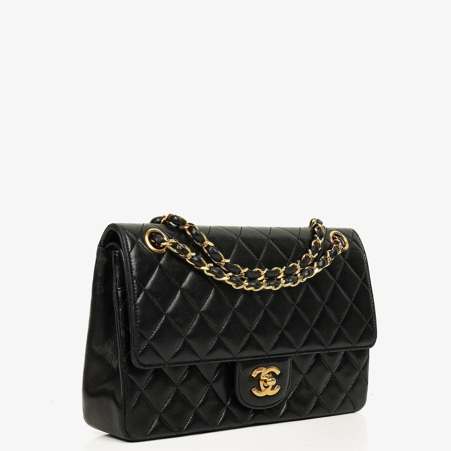 Chanel Medium Classic Vintage Double Flap Bag aus schwarzem gestepptem Lammleder mit 24K-vergoldeter Hardware