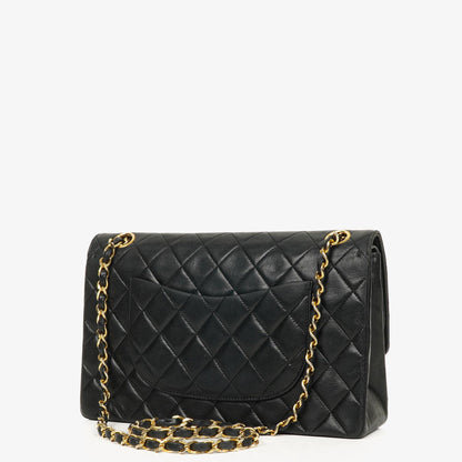 Chanel Medium Classic Vintage Double Flap Bag aus schwarzem gestepptem Lammleder mit 24K vergoldeten Beschlägen