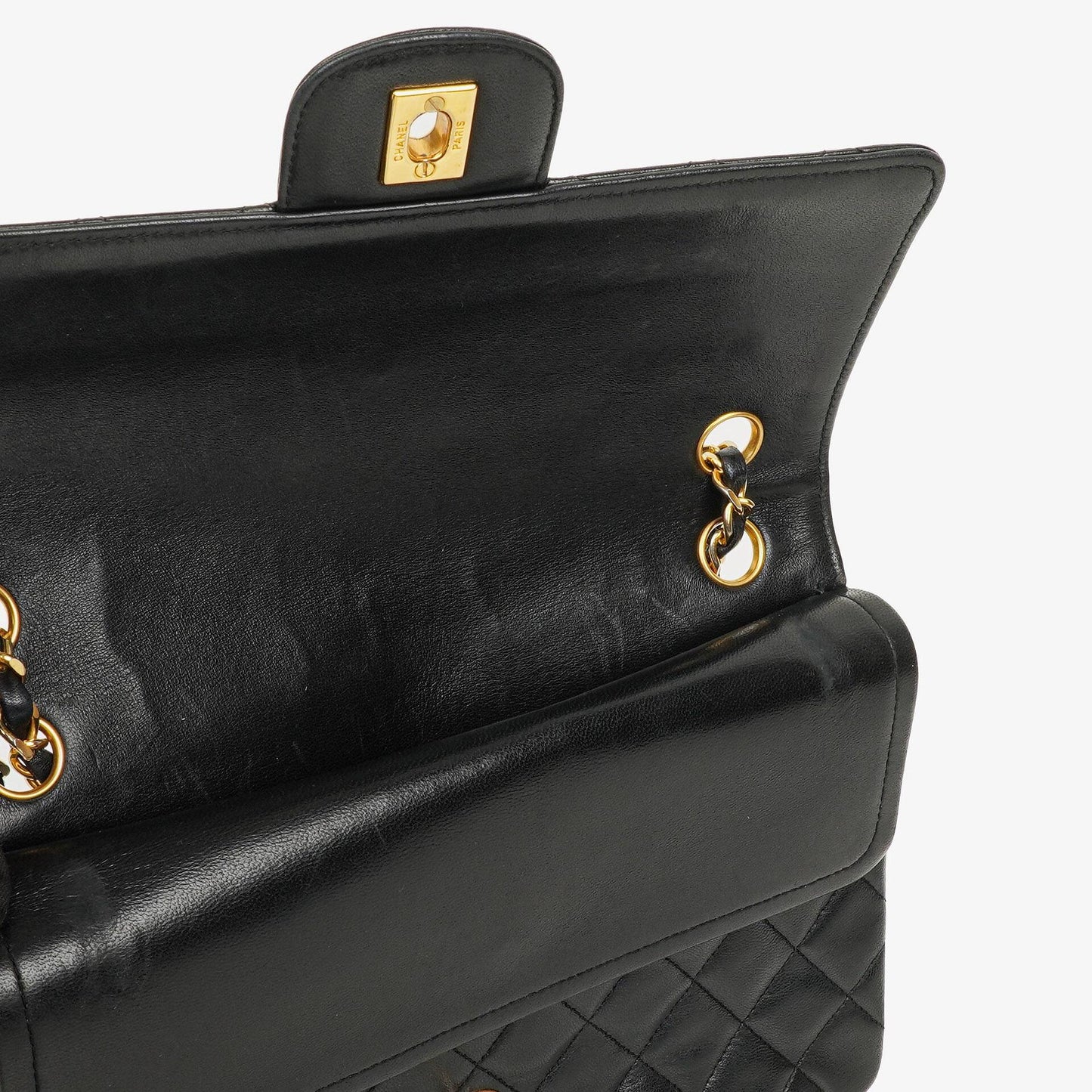 Chanel Medium Classic Vintage Double Flap Bag aus schwarzem gestepptem Lammleder mit 24K vergoldeten Beschlägen