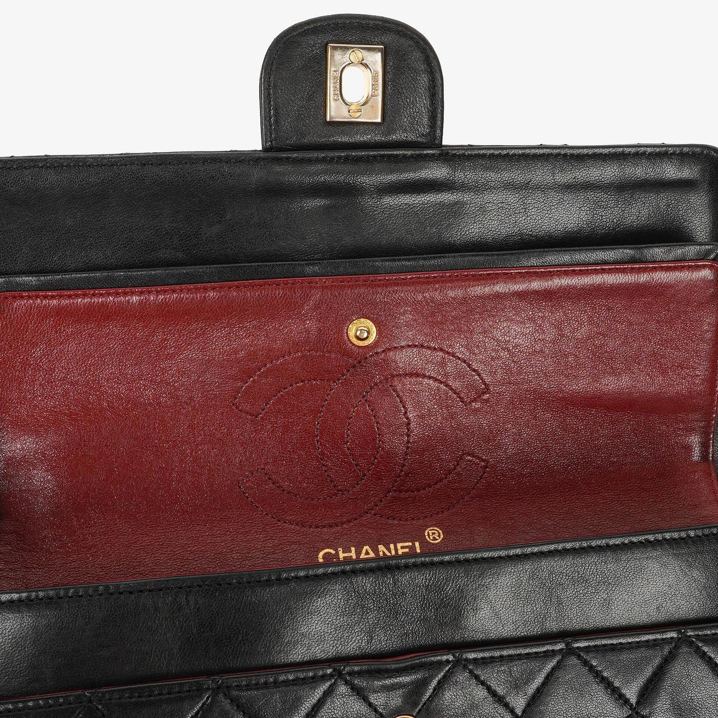 Chanel Vintage Classic Double Flap Tasche Medium aus schwarzem gestepptem Lammleder mit 24K vergoldeter Hardware