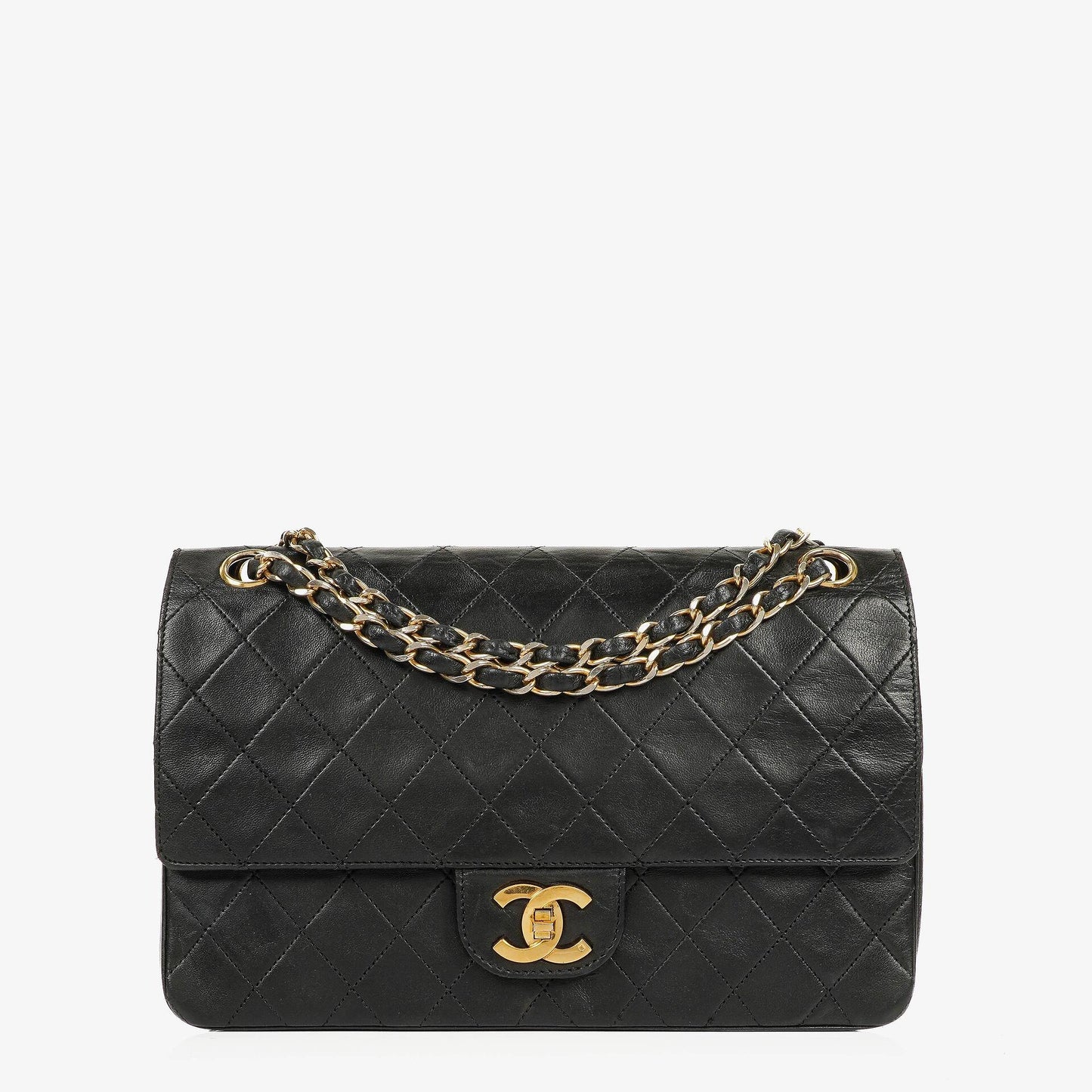 Chanel Medium Classic Vintage Double Flap Tasche aus schwarzem gestepptem Lammleder mit 24K vergoldeter Hardware