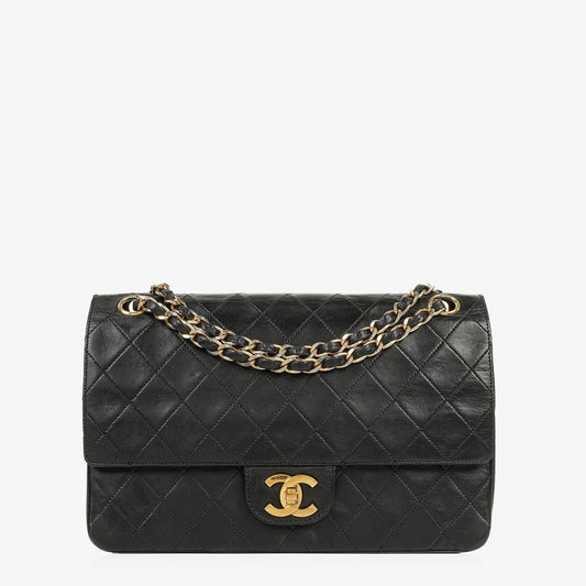 Chanel Medium Classic Vintage Double Flap Tasche aus schwarzem gestepptem Lammleder mit 24K vergoldeter Hardware