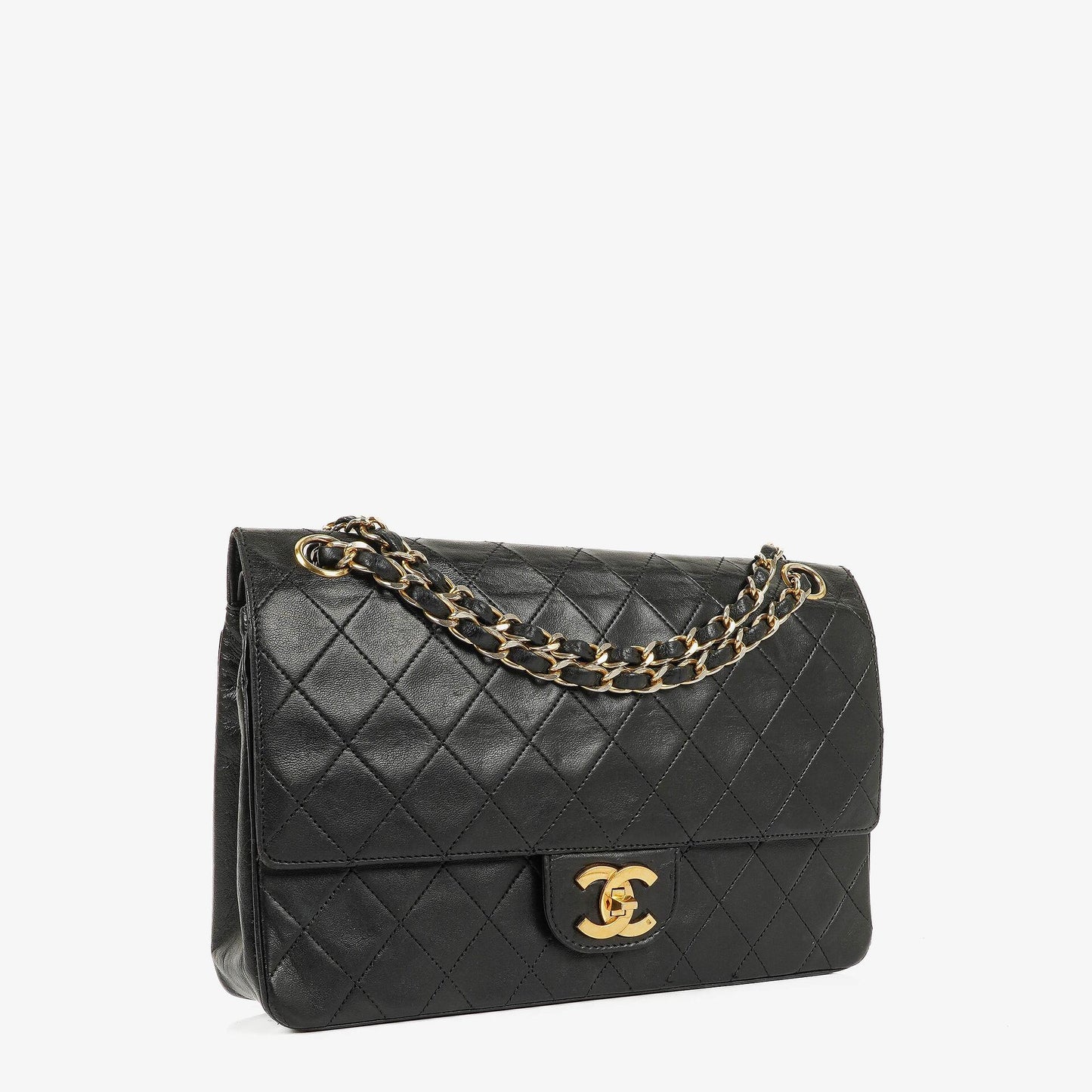 Chanel Medium Classic Vintage Double Flap Tasche aus schwarzem gestepptem Lammleder mit 24K vergoldeter Hardware