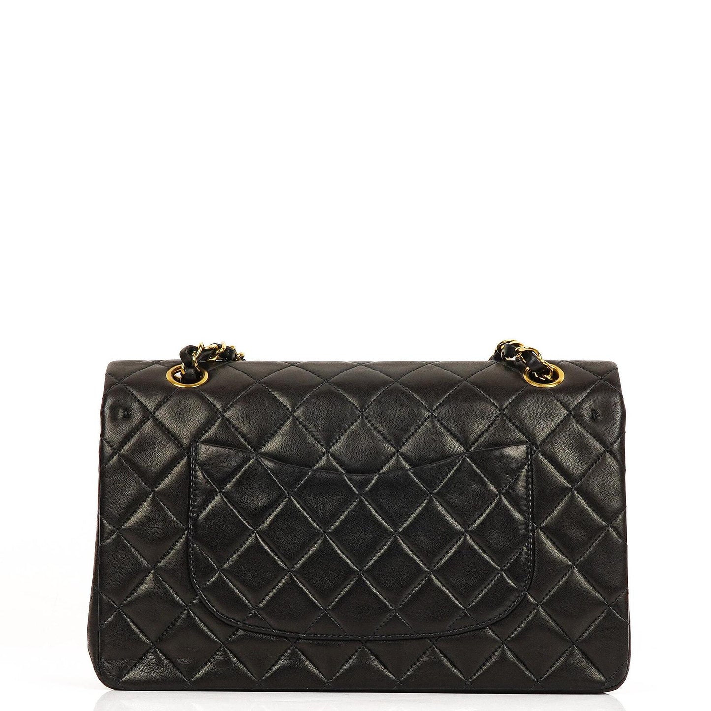 Chanel Mittelgroße Klassische Vintage Doppelklappen Tasche Schwarze gesteppte Lammleder mit 24K vergoldeten Beschlägen Sehr gut