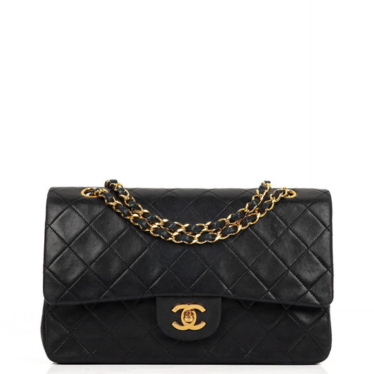 Chanel Medium Classic Vintage Doppelklappen Tasche Schwarz gestepptes Lammleder mit 24K Goldplattierten Beschlägen