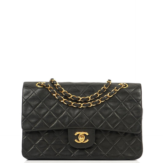 Chanel Medium Classic Vintage Doppelklappen Tasche Schwarz gestepptes Lammleder mit 24K Goldplattierten Beschlägen