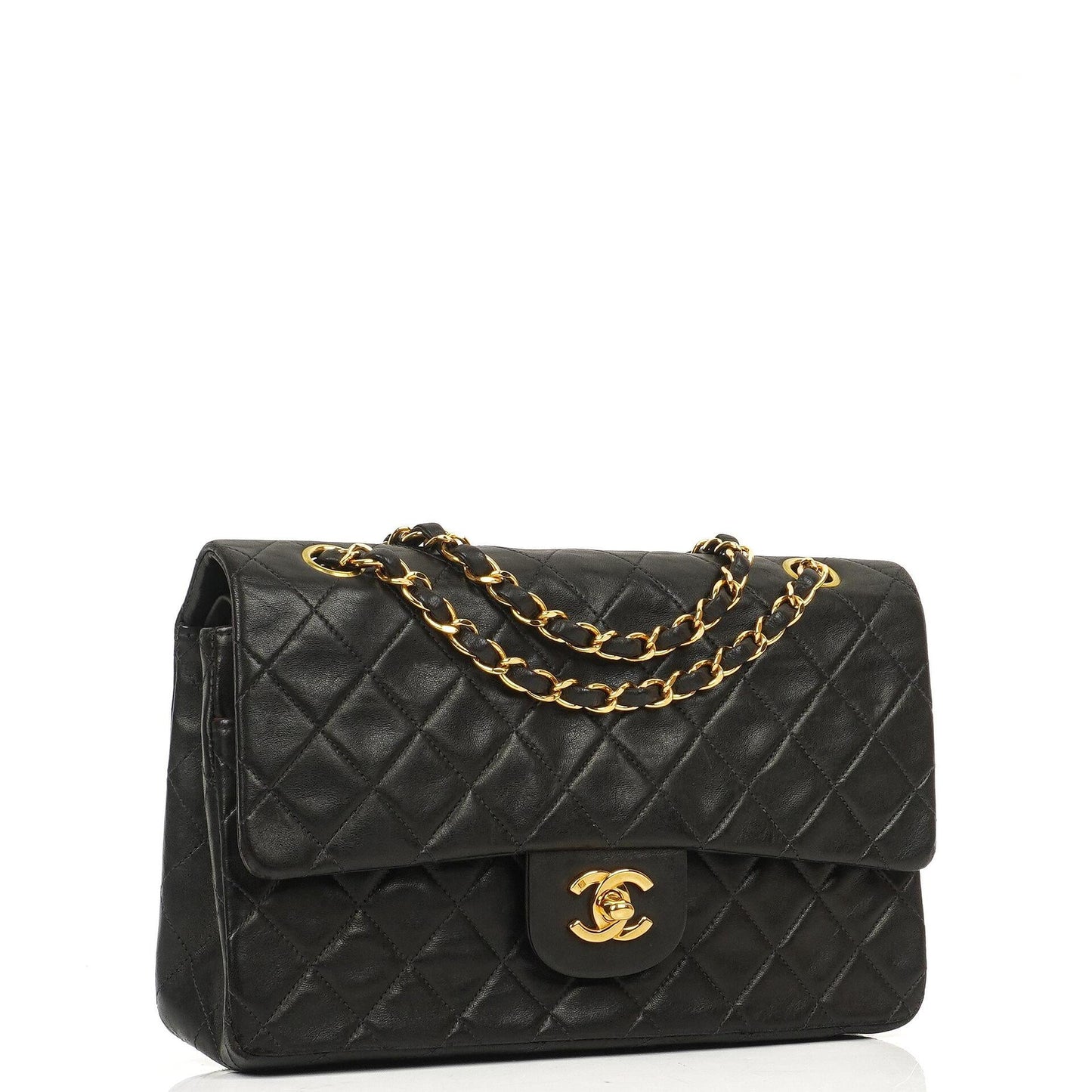 Chanel Medium Classic Vintage Doppelklappen Tasche Schwarz gestepptes Lammleder mit 24K Goldplattierten Beschlägen