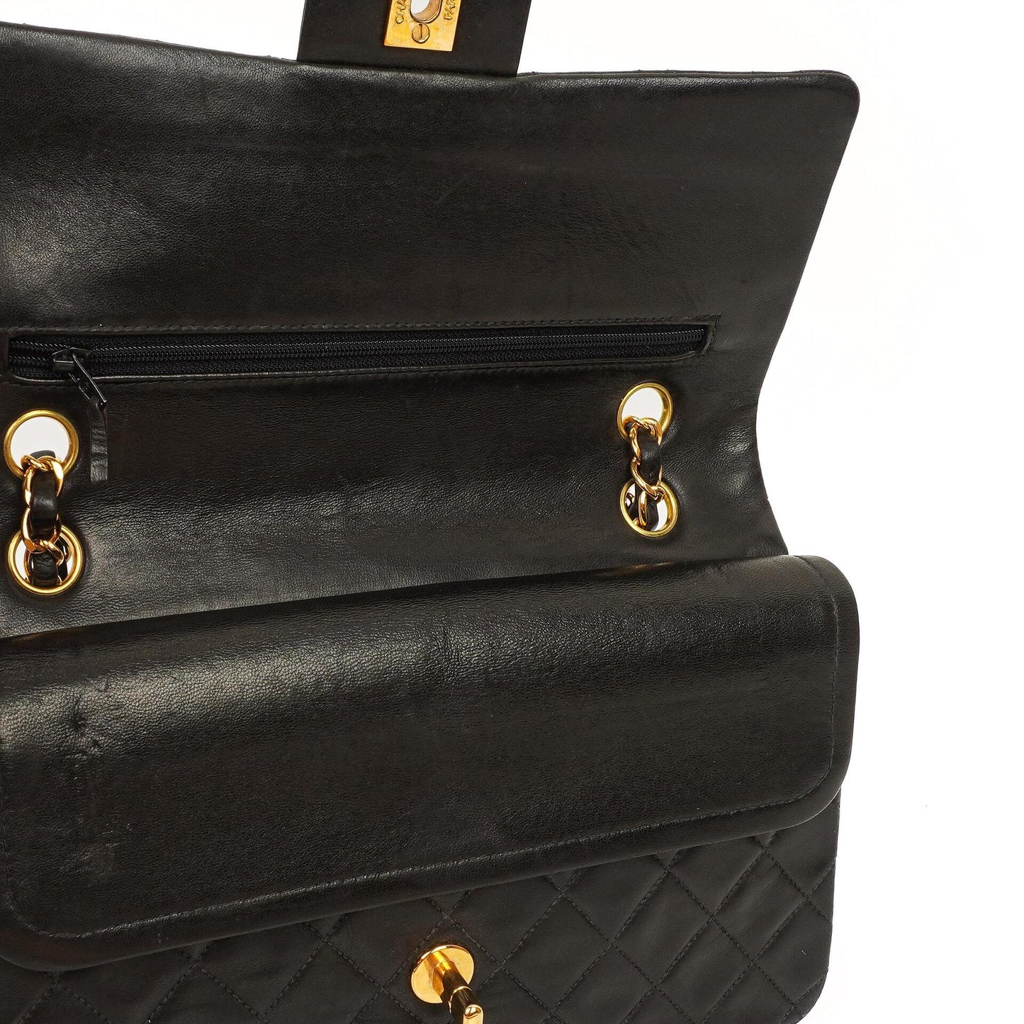 Chanel Medium Classic Vintage Doppelklappen Tasche Schwarz gestepptes Lammleder mit 24K Goldplattierten Beschlägen