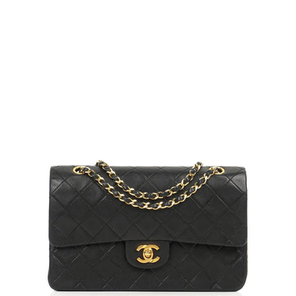 Chanel Medium Classic Vintage Double Flap Bag, Schwarzes gestepptes Lammleder, 24K Goldplattierte Hardware
