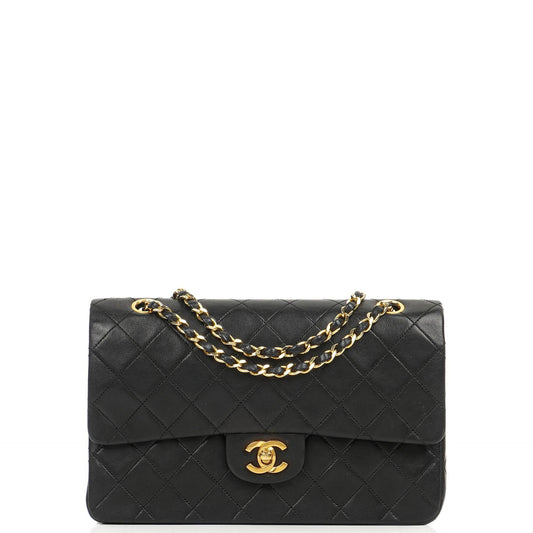 Chanel Medium Classic Vintage Double Flap Bag, Schwarzes gestepptes Lammleder, 24K Goldplattierte Hardware