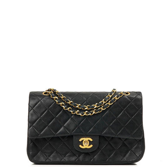 Chanel Mittelgroße Classic Vintage Double Flap Tasche Schwarze gesteppte Lammleder mit 24K vergoldeten Beschlägen