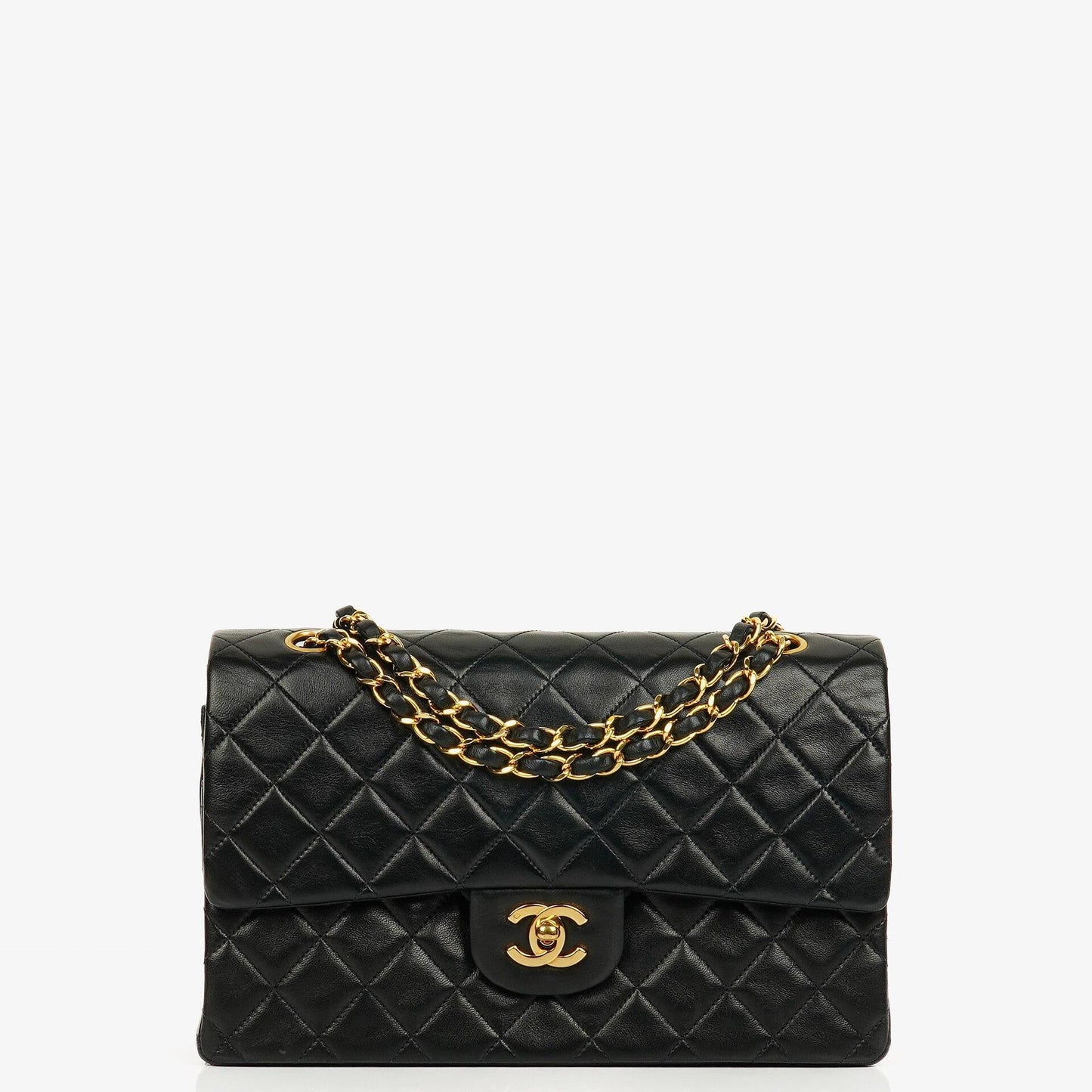 Chanel Medium Classic Vintage Double Flap Tasche aus schwarzem gestepptem Lammleder mit 24K vergoldeter Hardware