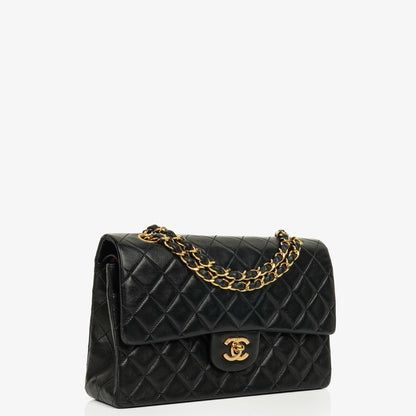 Chanel Medium Classic Vintage Double Flap Tasche aus schwarzem gestepptem Lammleder mit 24K vergoldeter Hardware