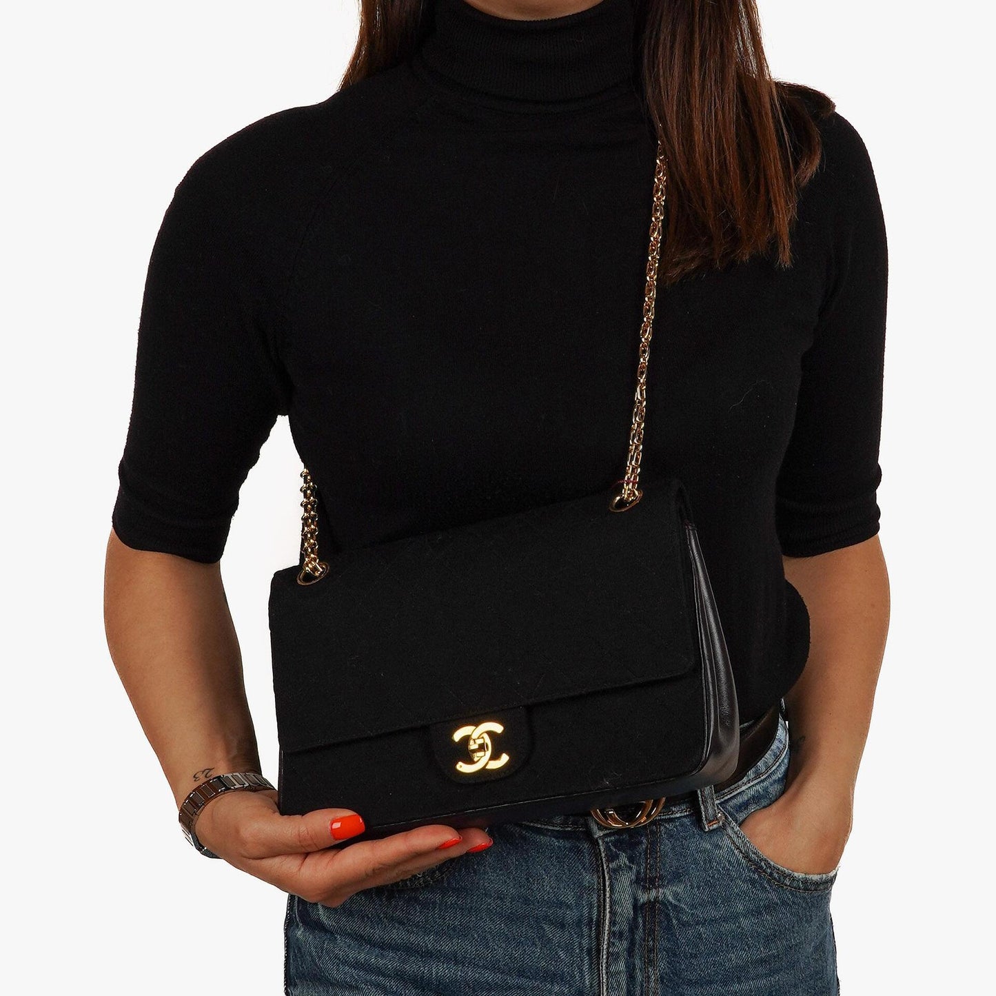 Chanel Medium Classic Vintage Doppelklappen Tasche Schwarz gesteppte Jersey und Leder mit 24K Goldplattierten Beschlägen und Mademoiselle Kette