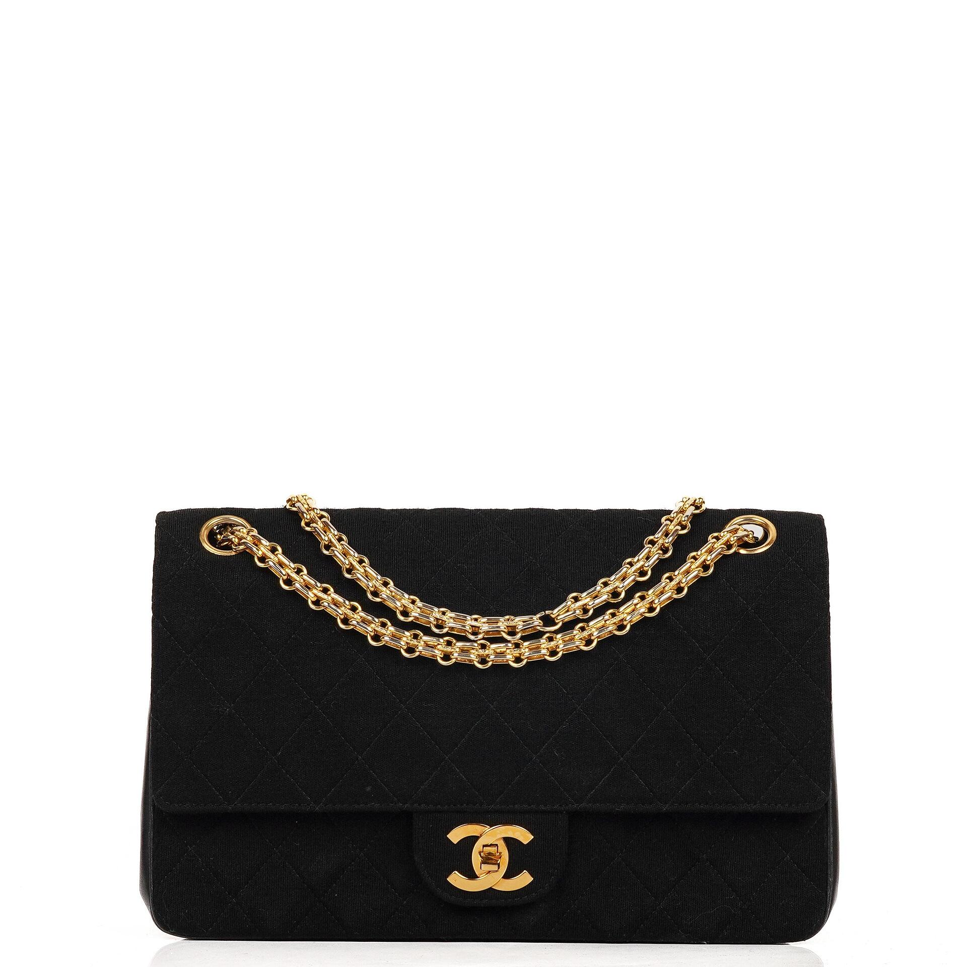 Chanel Medium Classic Vintage Doppelklappen Tasche Schwarz gesteppte Jersey und Leder mit 24K Goldplattierten Beschlägen und Mademoiselle Kette