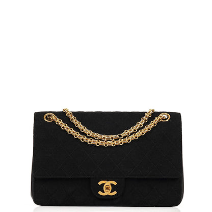 Chanel Medium Classic Vintage Doppelklappen Tasche Schwarz gesteppte Jersey und Leder mit 24K Goldplattierten Beschlägen und Mademoiselle Kette