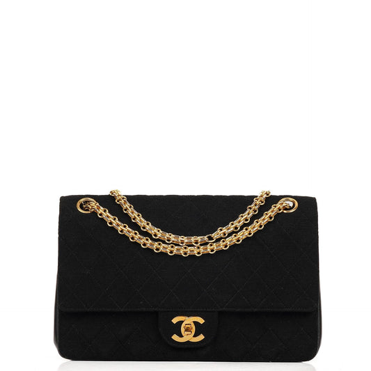 Chanel Medium Classic Vintage Doppelklappen Tasche Schwarz gesteppte Jersey und Leder mit 24K Goldplattierten Beschlägen und Mademoiselle Kette