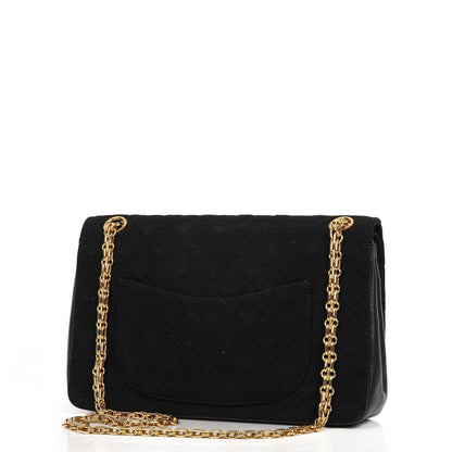 Chanel Medium Classic Vintage Doppelklappen Tasche Schwarz gesteppte Jersey und Leder mit 24K Goldplattierten Beschlägen und Mademoiselle Kette