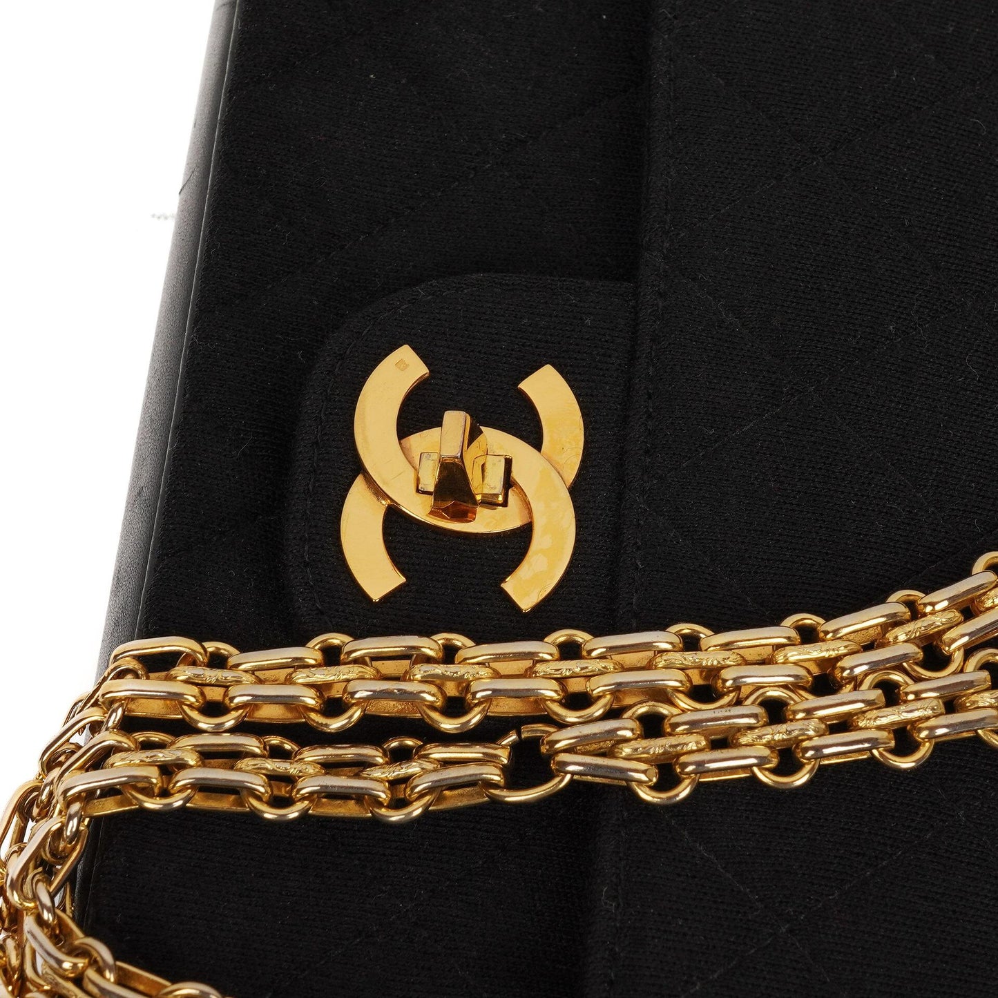 Chanel Medium Classic Vintage Doppelklappen Tasche Schwarz gesteppte Jersey und Leder mit 24K Goldplattierten Beschlägen und Mademoiselle Kette