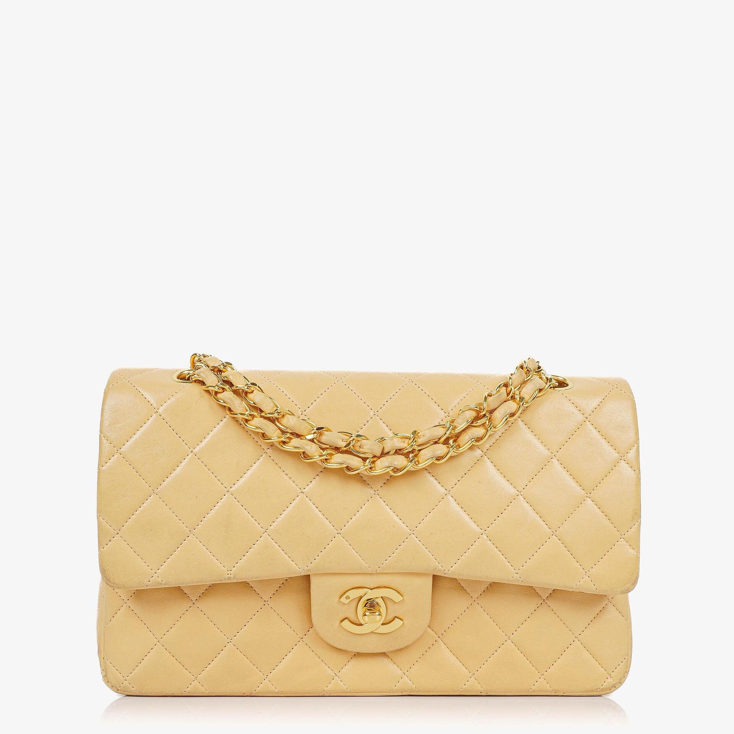 Chanel Medium Classic Vintage Doppelklappentasche aus gestepptem Lammleder in Neutralbeige mit 24K vergoldeten Beschlägen
