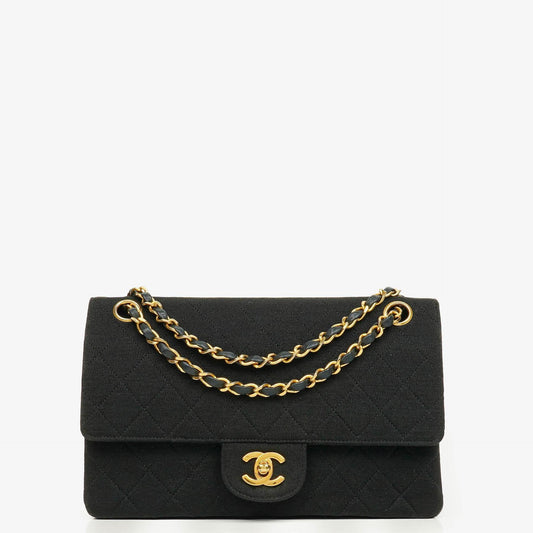 Chanel Medium Classic Vintage Double Flap Bag aus gestepptem Lammleder und Jersey mit 24K goldbeschichteter Hardware