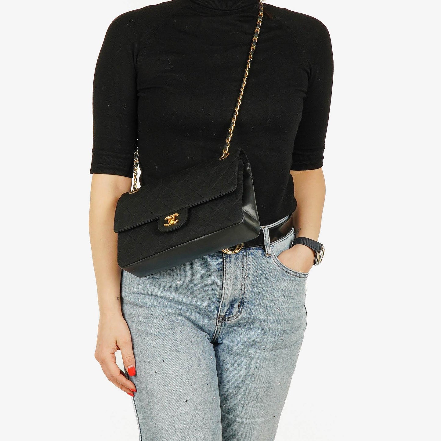 Chanel Medium Classic Vintage Double Flap Bag aus gestepptem Lammleder und Jersey mit 24K goldbeschichteter Hardware