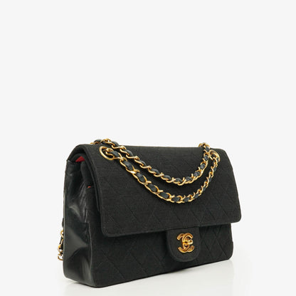 Chanel Medium Classic Vintage Double Flap Bag aus gestepptem Lammleder und Jersey mit 24K goldbeschichteter Hardware