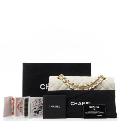 Chanel Medium Classic Vintage Doppelklapptasche Weiß Gequiltetes Kaviarleder 24K Champagner Goldbeschichtetes Hardware