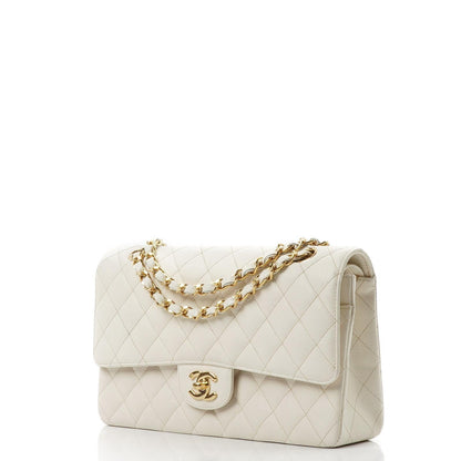 Chanel Medium Classic Vintage Doppelklapptasche Weiß Gequiltetes Kaviarleder 24K Champagner Goldbeschichtetes Hardware