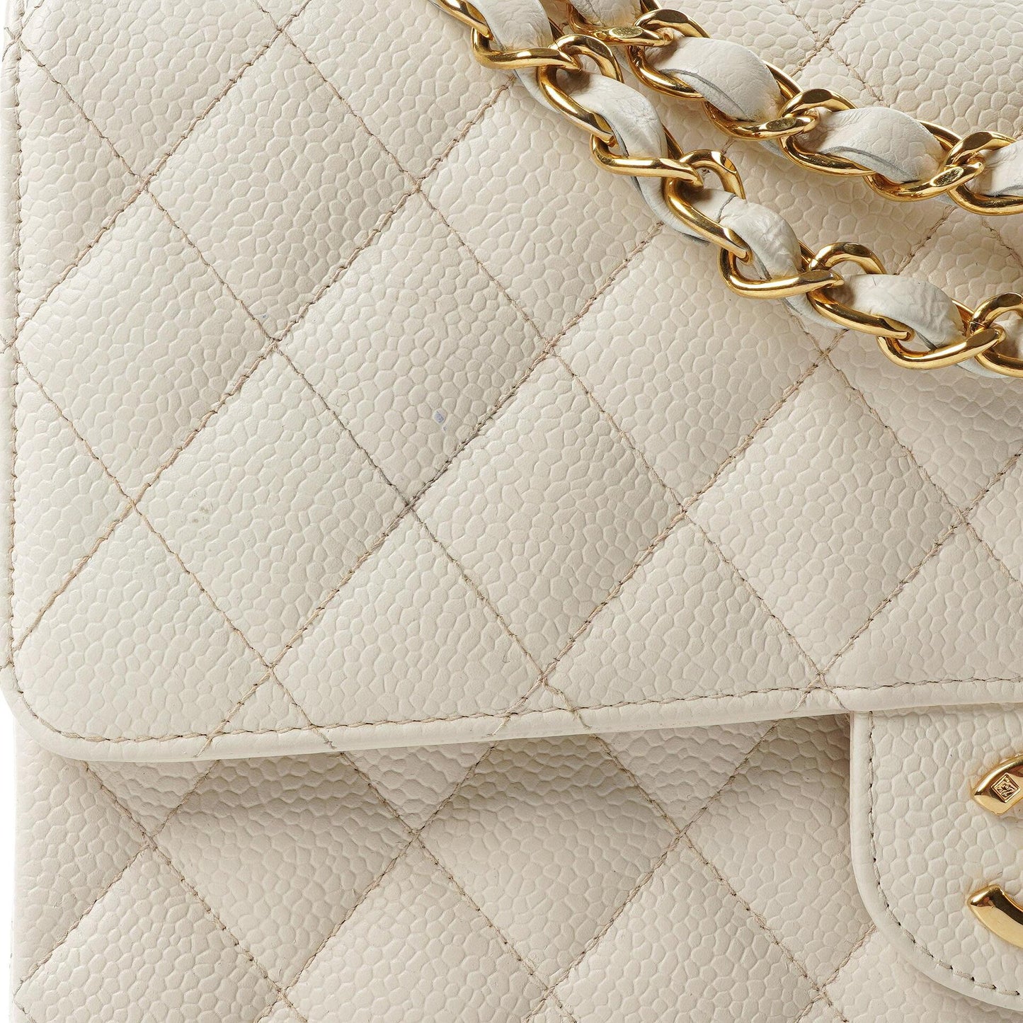Chanel Medium Classic Vintage Doppelklapptasche Weiß Gequiltetes Kaviarleder 24K Champagner Goldbeschichtetes Hardware