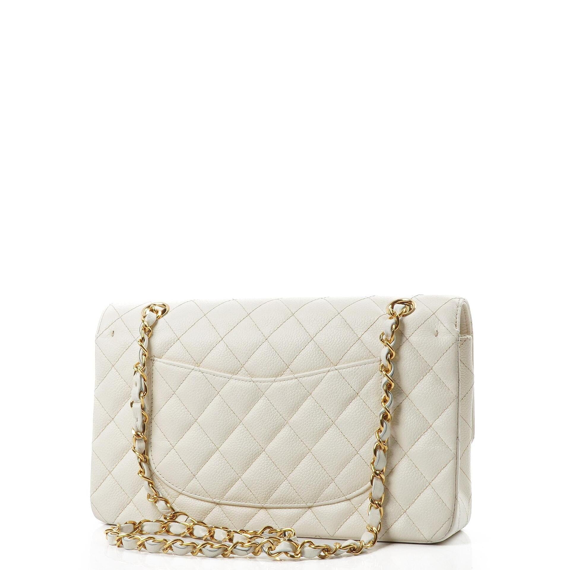Chanel Medium Classic Vintage Doppelklapptasche Weiß Gequiltetes Kaviarleder 24K Champagner Goldbeschichtetes Hardware