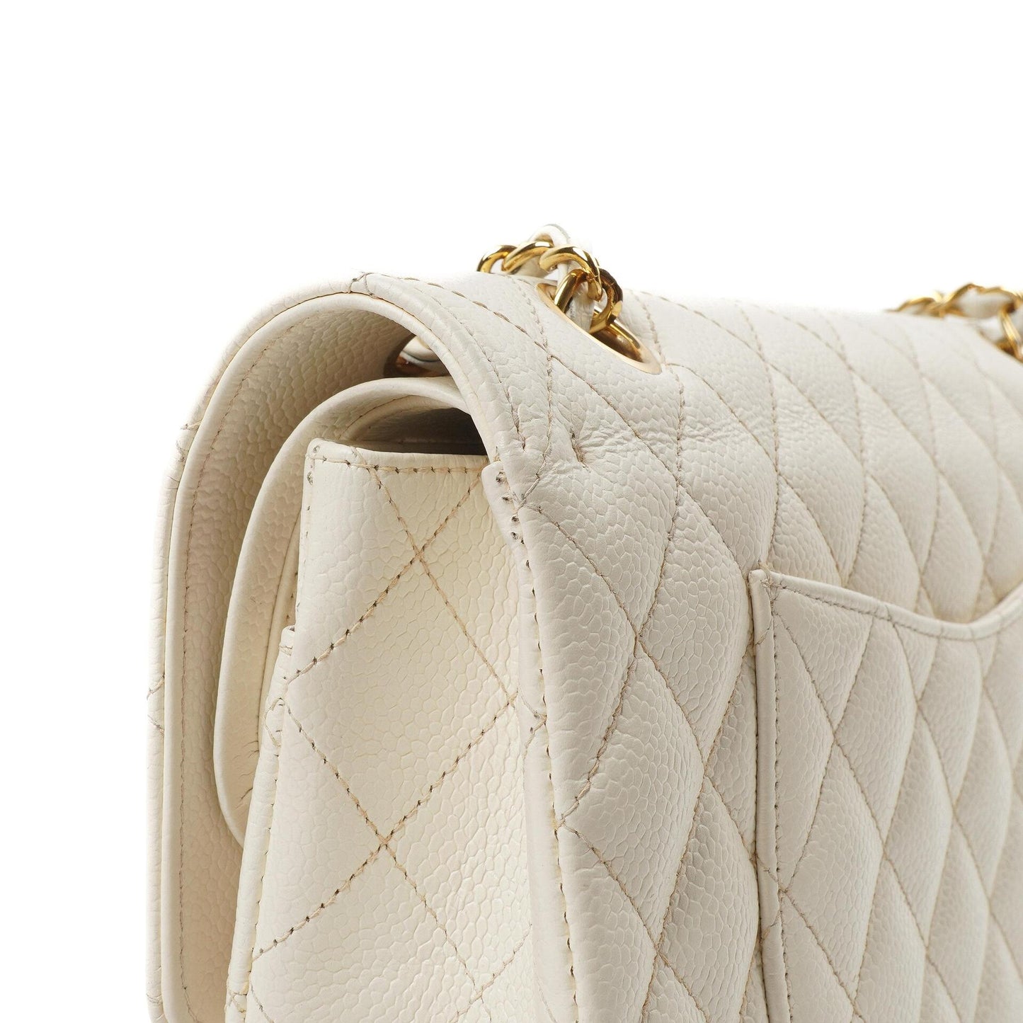 Chanel Medium Classic Vintage Doppelklapptasche Weiß Gequiltetes Kaviarleder 24K Champagner Goldbeschichtetes Hardware