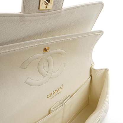 Chanel Medium Classic Vintage Doppelklapptasche Weiß Gequiltetes Kaviarleder 24K Champagner Goldbeschichtetes Hardware