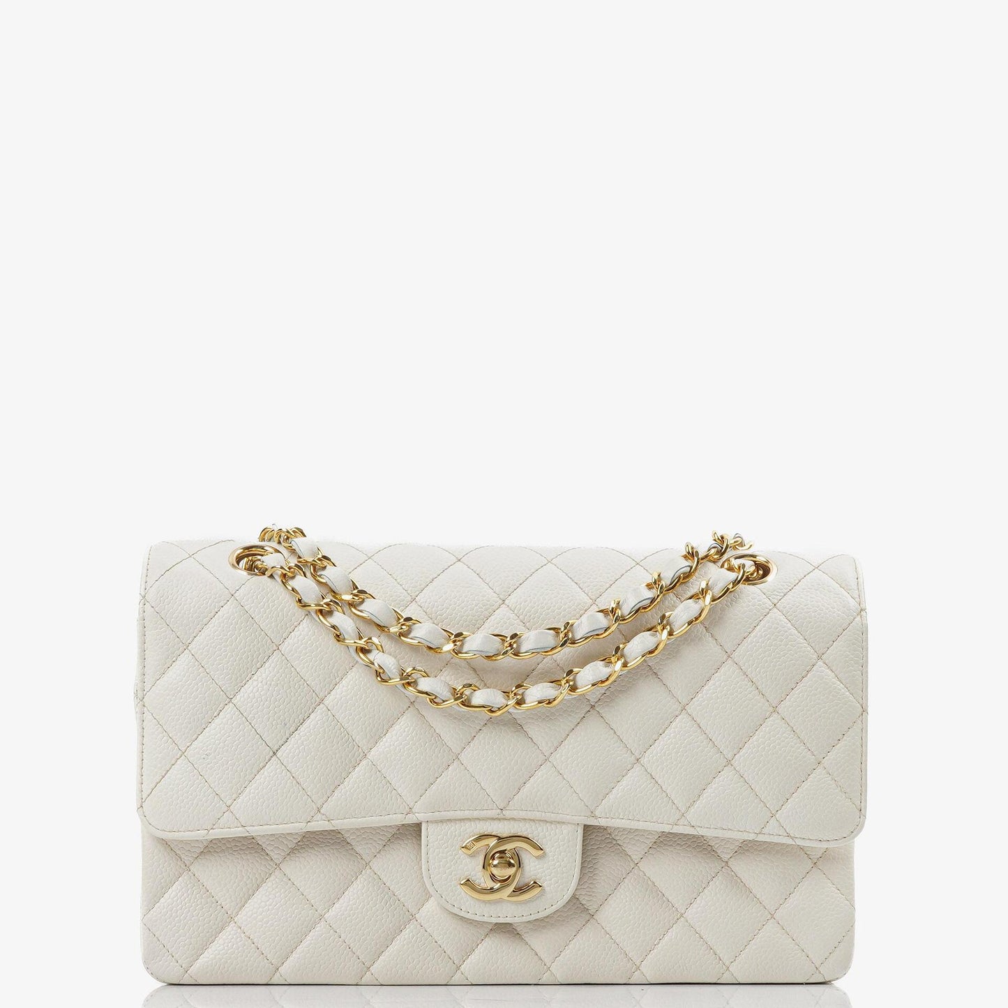 Chanel Medium Classic Vintage Doppelklapptasche Weiß Gequiltetes Kaviarleder 24K Champagner Goldbeschichtetes Hardware