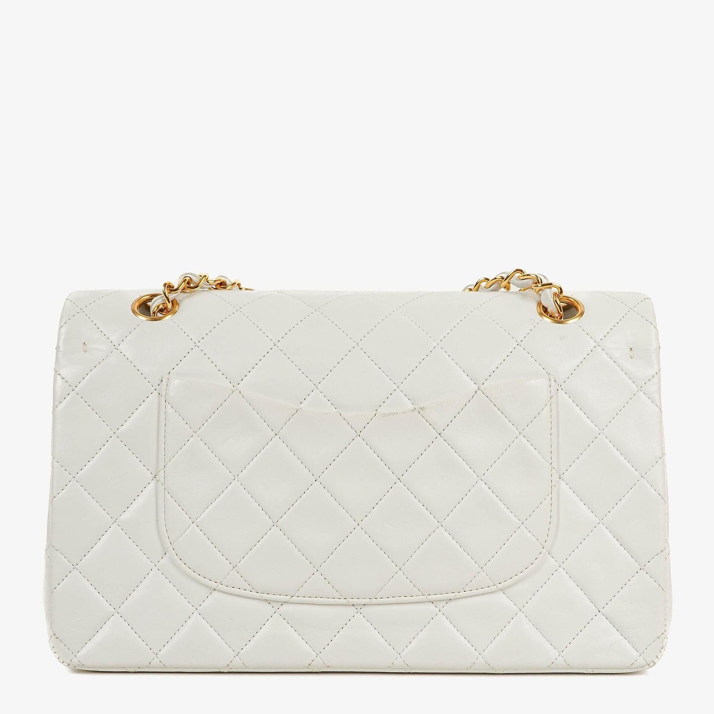 CHANEL Mittelgroße Classic Vintage Double Flap Tasche aus weißem gestepptem Lammleder mit 24K vergoldeter Hardware