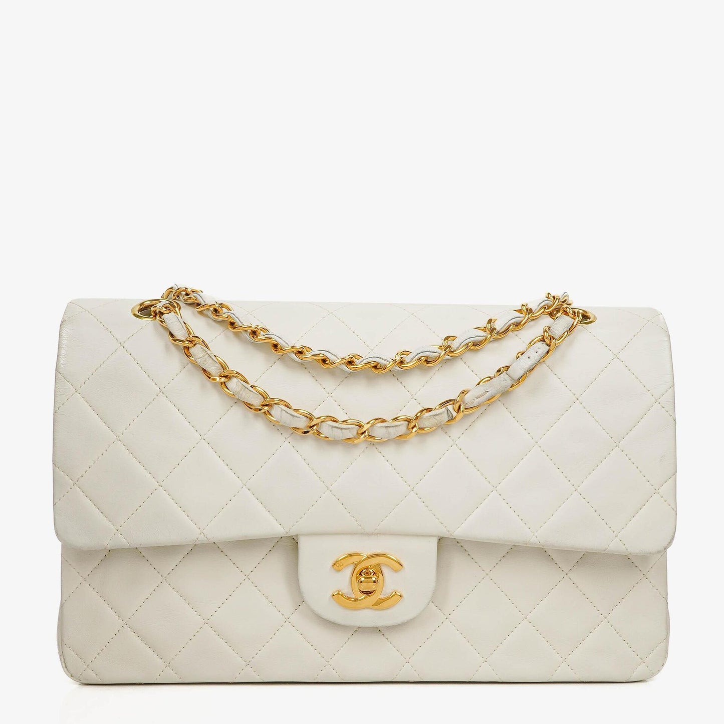 Chanel mittelgroße Classic Vintage Double Flap Tasche aus weißem gestepptem Lammleder mit 24K vergoldeter Hardware